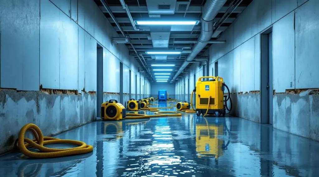 Professional restoration technicians using industrial LGR dehumidifiers and air movers in a large Burbank commercial office space.