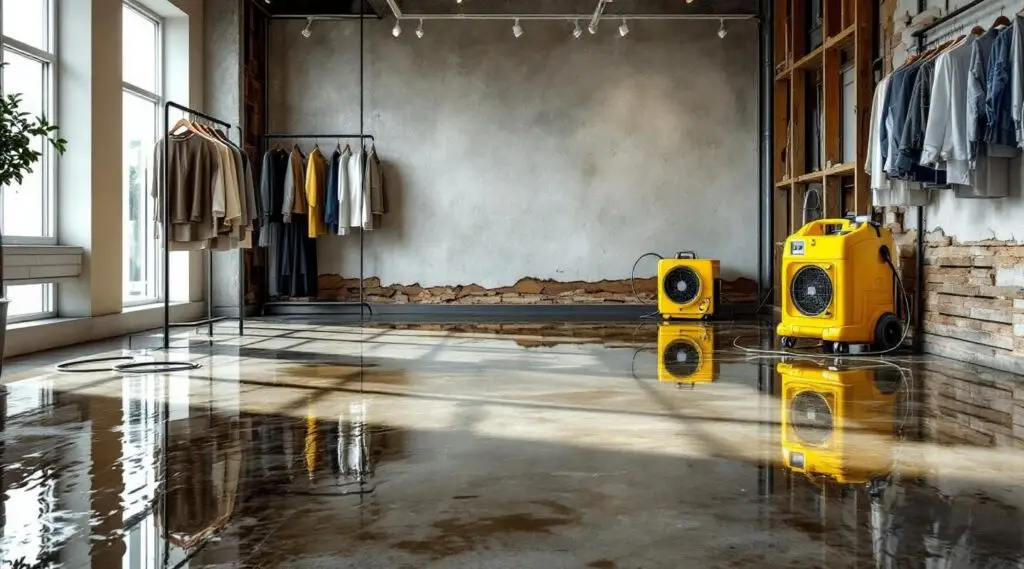 Professional restoration technicians using commercial-grade water extractors in a flooded Burbank boutique storefront.