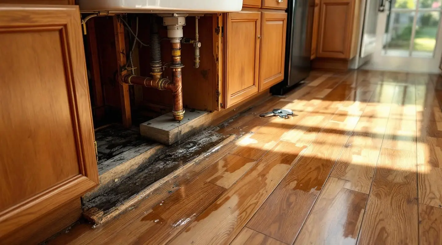 A restoration specialist in Los Angeles using a thermal imaging camera to detect hidden moisture behind kitchen cabinets.