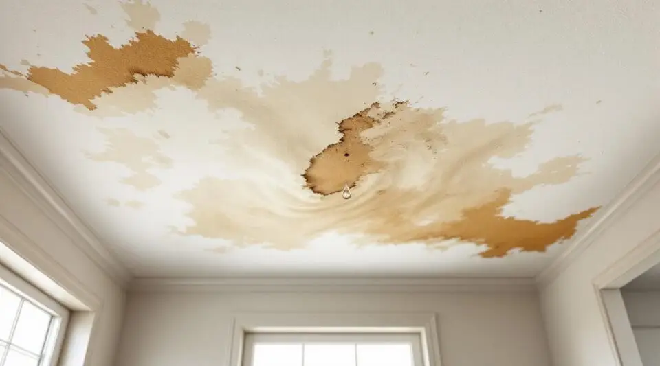 Professional restoration technician in a Los Angeles home using a moisture meter to assess a sagging, water-stained ceiling.