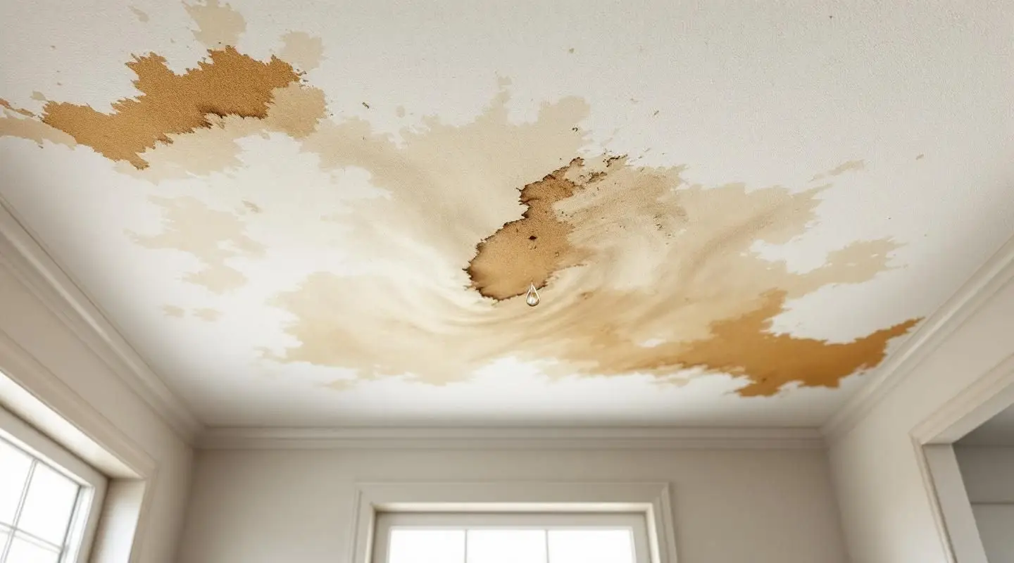 Professional restoration technician in a Los Angeles home using a moisture meter to assess a sagging, water-stained ceiling.