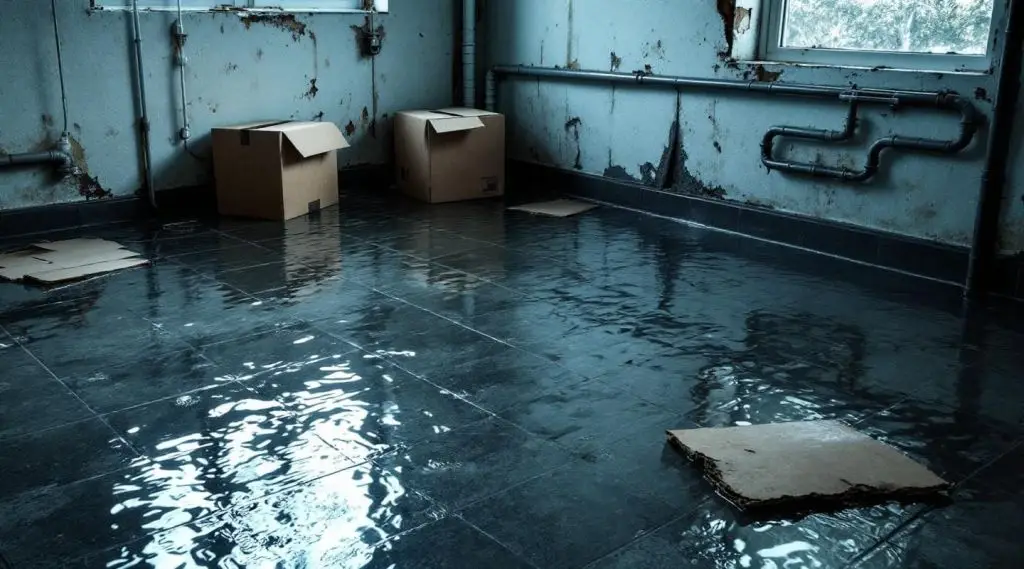 A professional restoration technician using a heavy-duty water extractor on a flooded basement floor in Burbank.