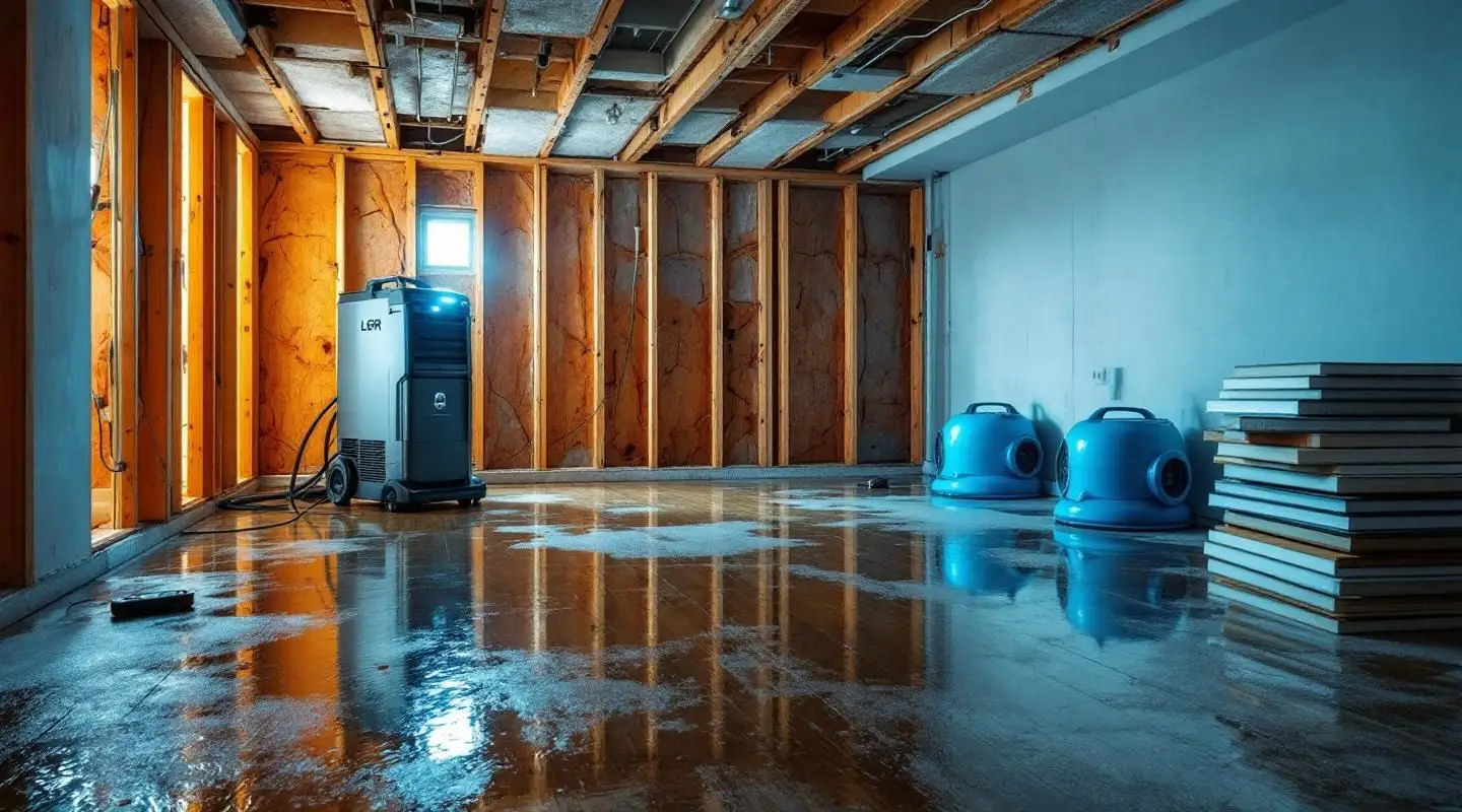A technician using a high-capacity water extractor on a soaked residential carpet in a Los Angeles home during a flood emergency.