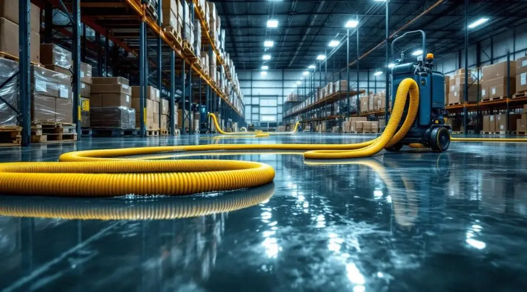 Industrial water extraction technicians using high-capacity truck-mounted pumps on a flooded warehouse floor in Burbank.