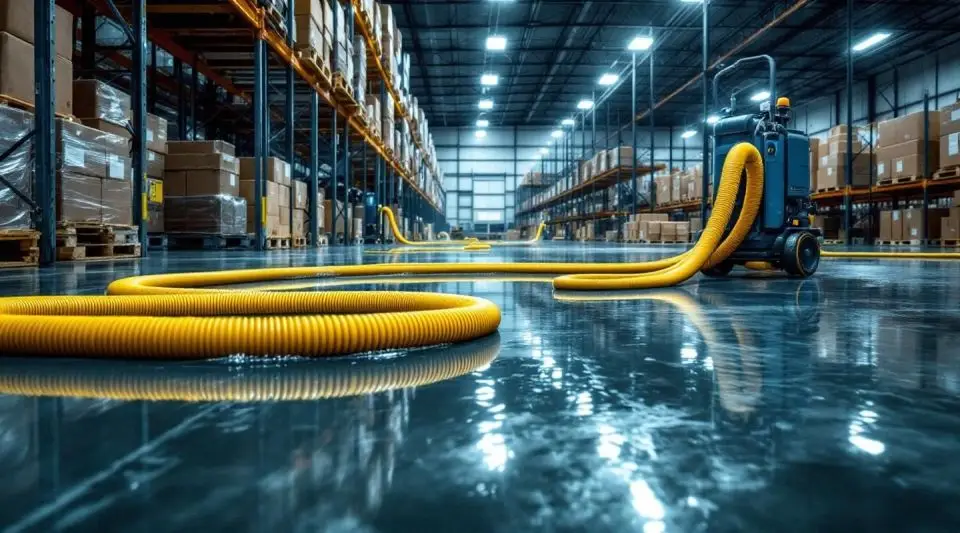 Industrial water extraction technicians using high-capacity truck-mounted pumps on a flooded warehouse floor in Los Angeles.