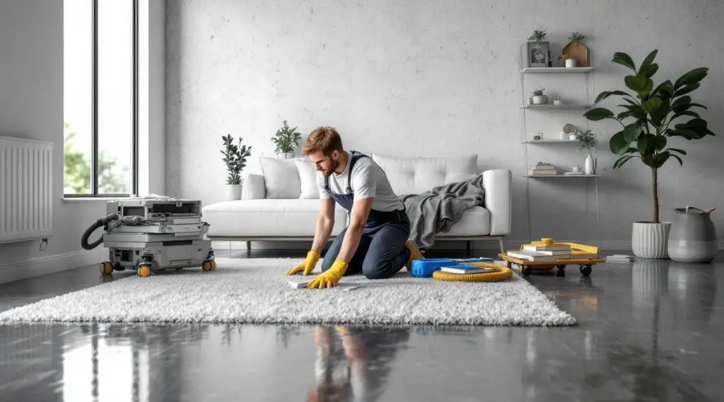 Professional restoration crew drying a flooded living room in Los Angeles.