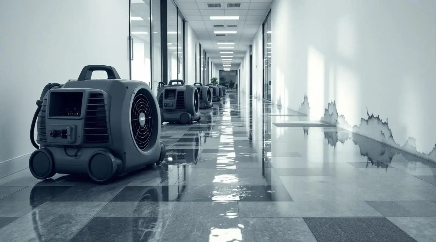 Restoration crew using commercial dehumidifiers and moisture meters in a flooded San Diego high-rise office suite.