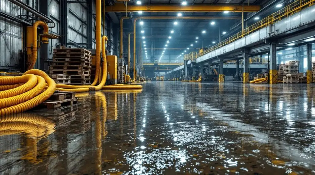 Professional restoration crew using heavy-duty water extraction equipment in a flooded Burbank warehouse.