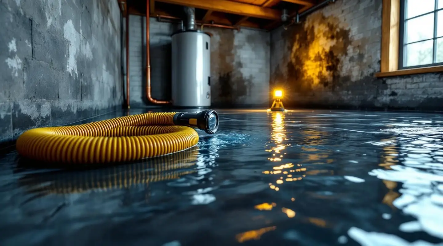 A professional restoration technician using industrial water extraction equipment in a Los Angeles home with cinematic lighting.