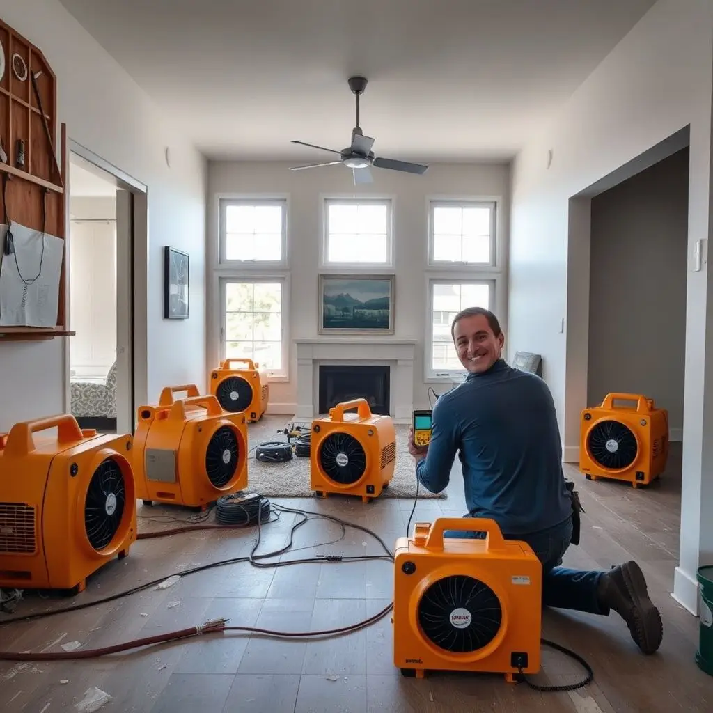 A close-up of an industrial dehumidifier and air mover working to dry a high-end hardwood floor in a Santa Monica home.