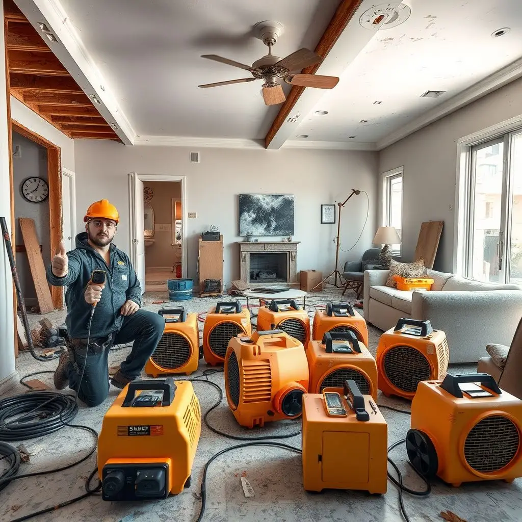 A close-up of a high-tech dehumidifier and air mover working to dry a hardwood floor in an Alhambra living room.