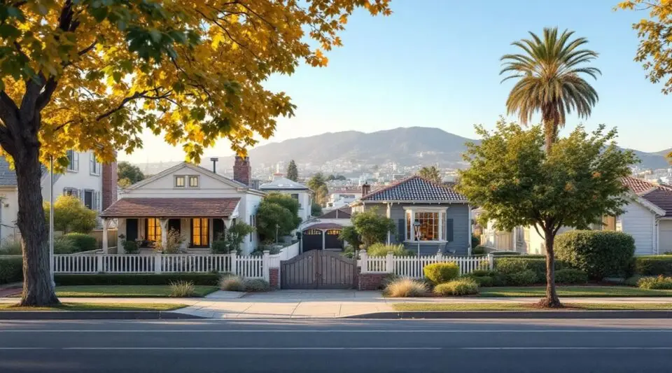 A white restoration response vehicle parked on a quiet Pasadena residential street with historic Craftsman bungalows and the San Gabriel Mountains in the distance.