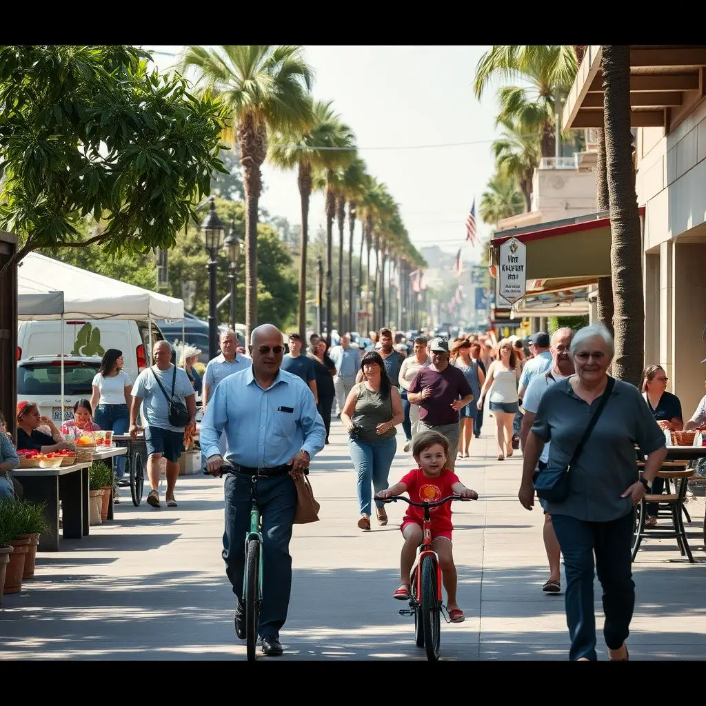A scenic view of the Tweedy Mile shopping district in South Gate, featuring local storefronts and palm-lined sidewalks under a clear sky.