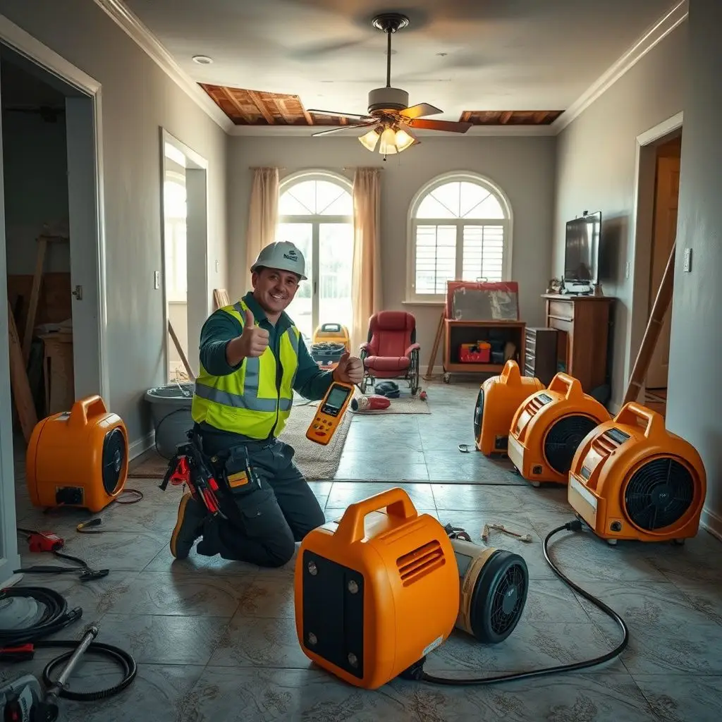 A restoration technician using a professional moisture meter to check for water saturation behind a stucco wall in a Gardena home.