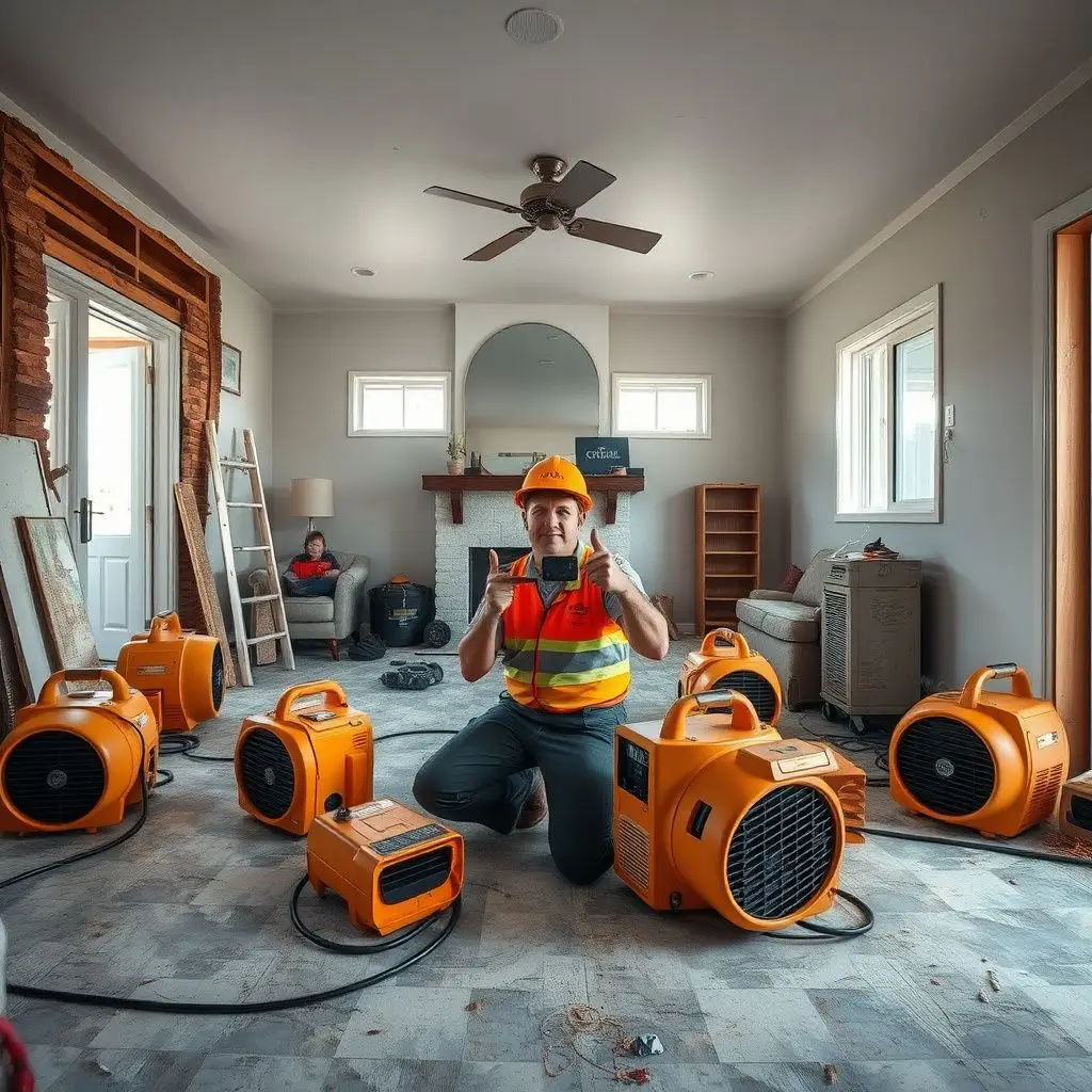 A restoration specialist using a moisture meter to check the dryness of a hardwood floor in a Burbank residence.