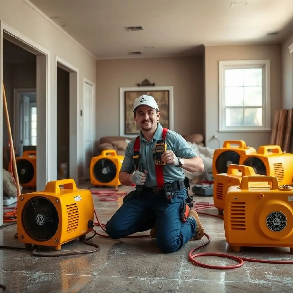 A clean, organized restoration site in a Huntington Park home with professional air movers and dehumidifiers in place.